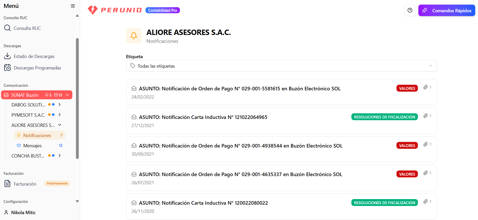 Perunio Dashboard - Vista del sistema de gestión de comprobantes de pago