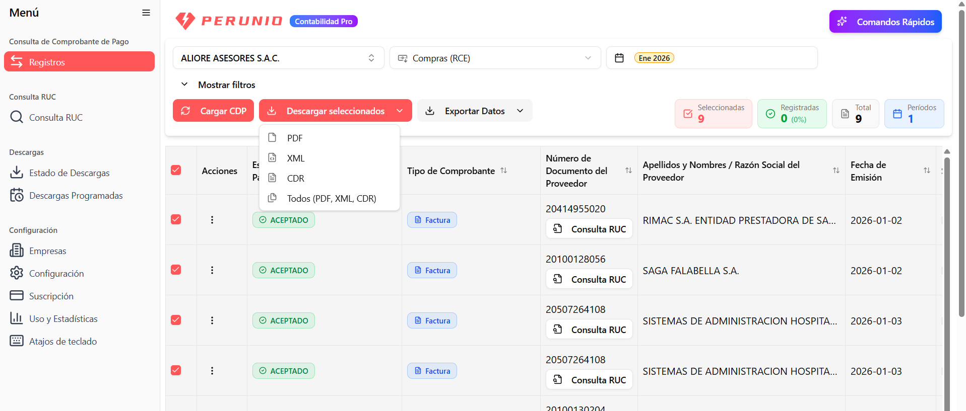 Perunio Dashboard - Vista del sistema de gestión de comprobantes de pago